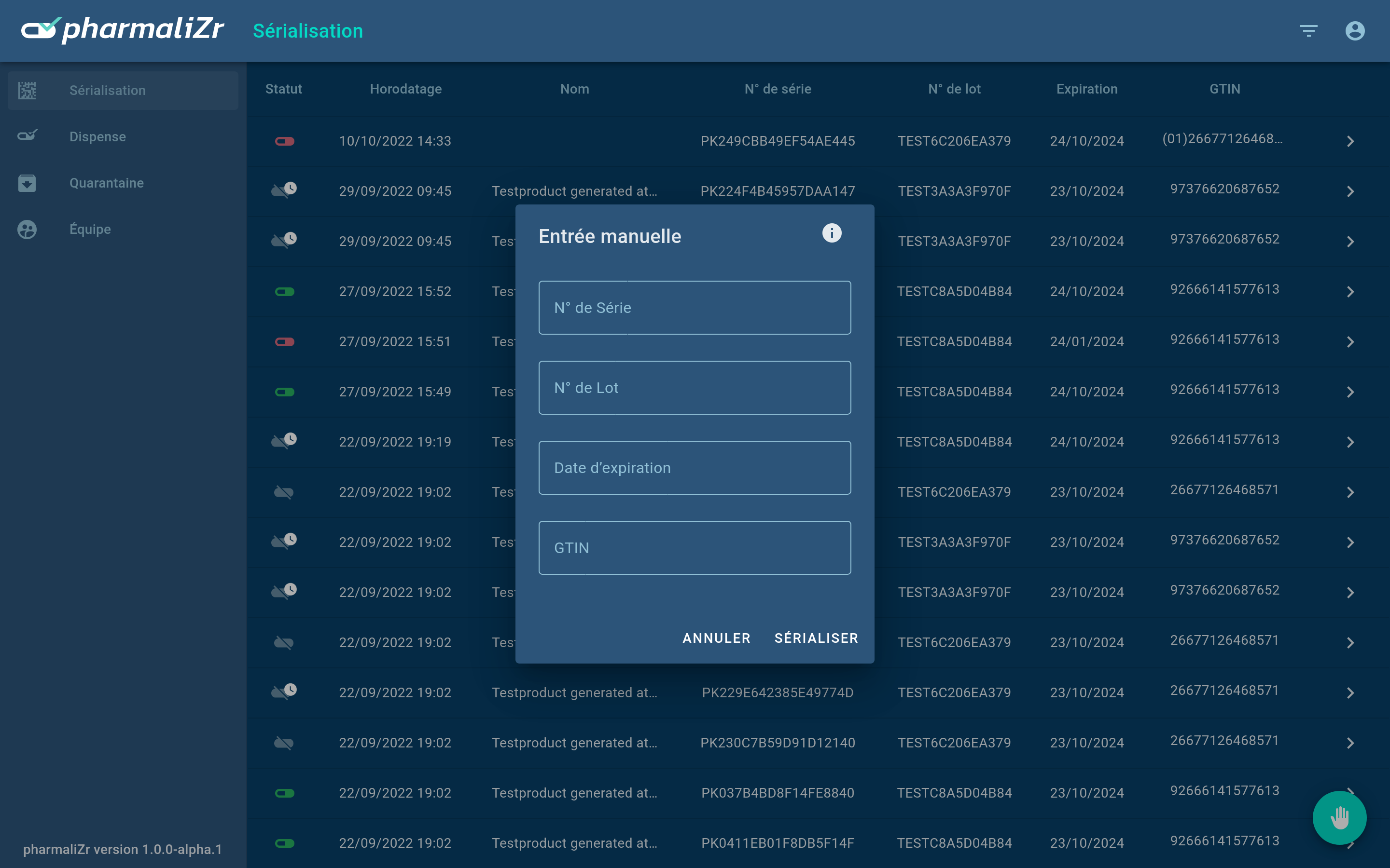 Saisie des informations du médicament pour une sérialisation manuelle